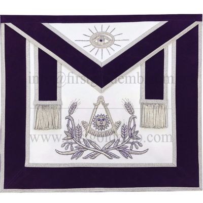 Masonic Past Master Hand Embroidered AprOn Silver Embroidery Purple Velvet