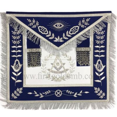 Masonic Blue Lodge Past Master Silver Handmade Embroidery Apron Blue